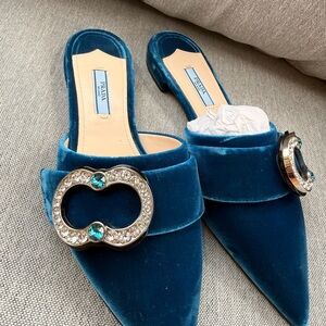 Prada Teal Velvet Crystal-Embellished Pointed Slip-On Mules